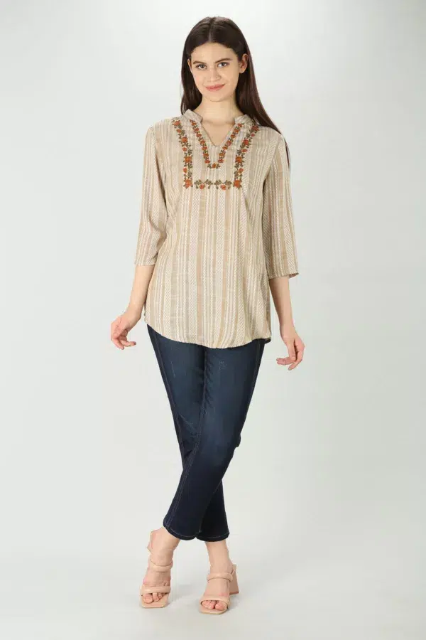 Embroidered Beige Tops Women