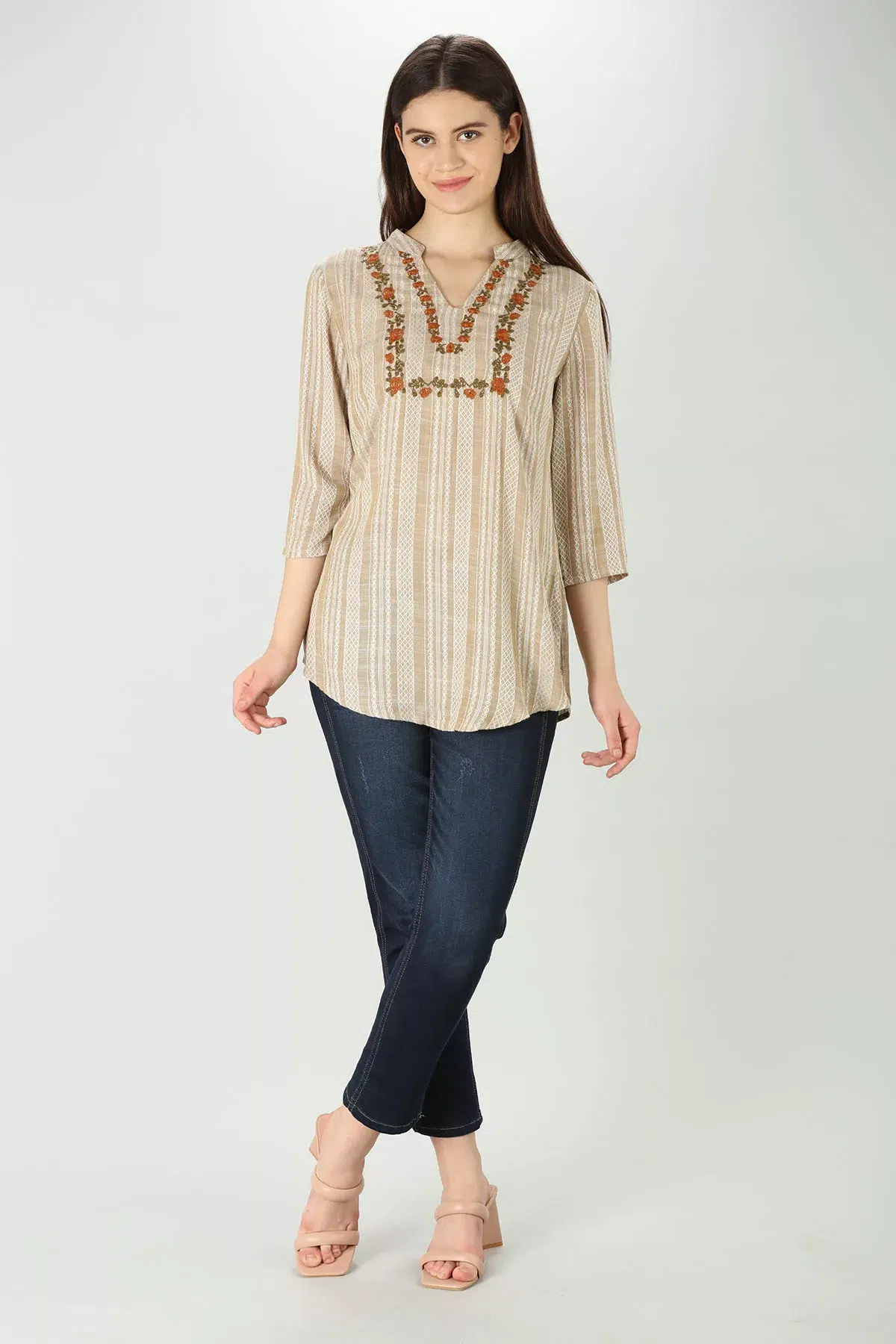 Embroidered Beige Tops Women