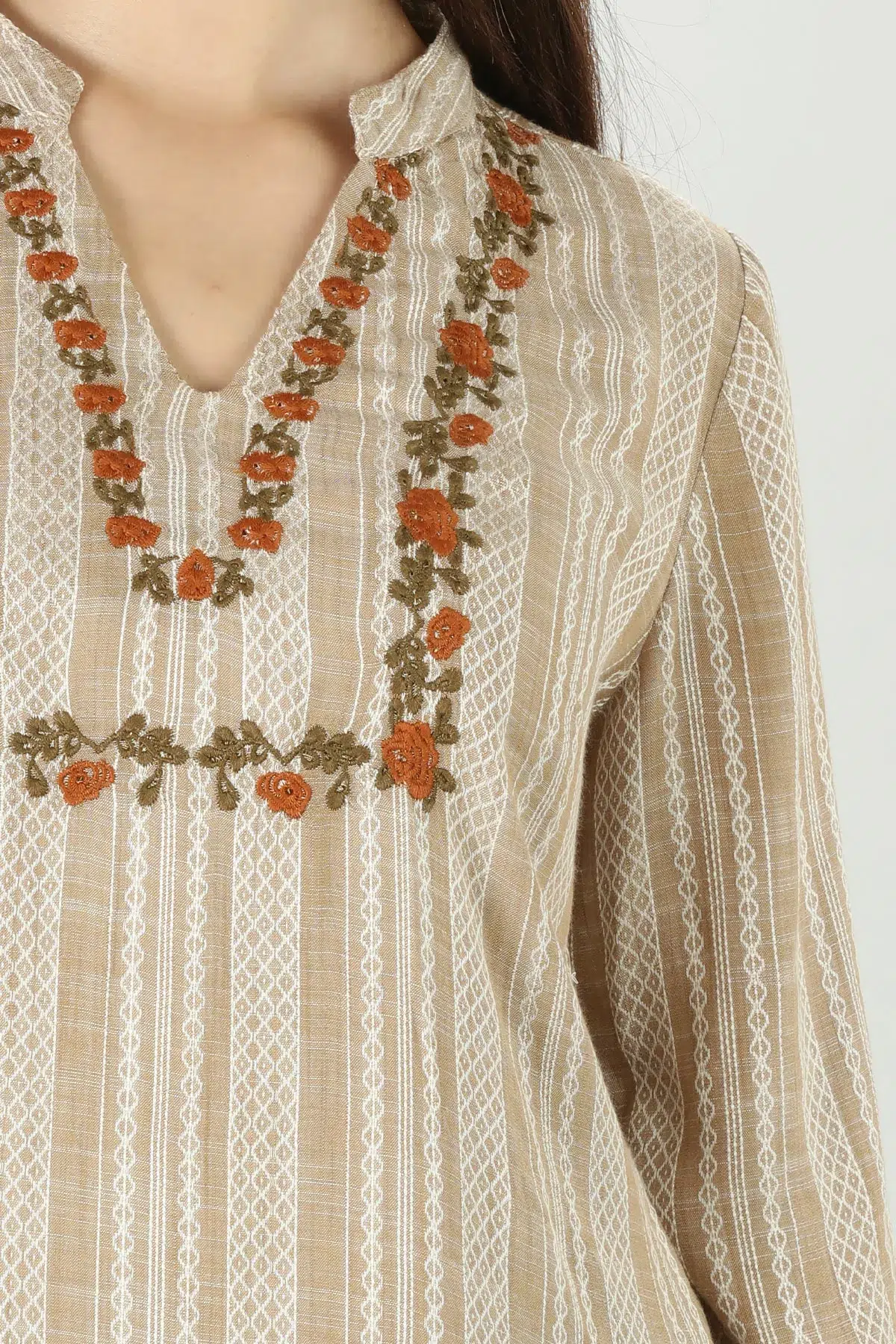 Embroidered Beige Tops Women