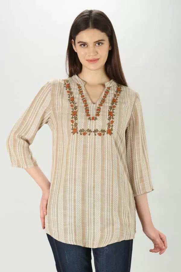 Embroidered Beige Tops Women