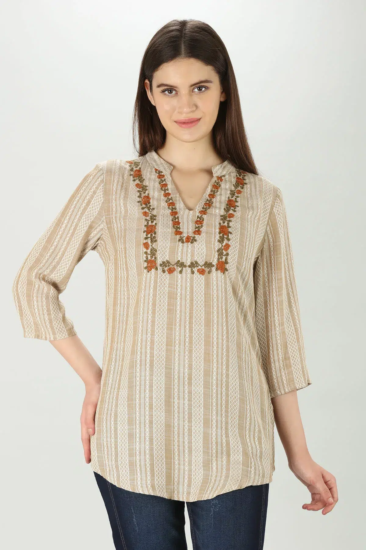Embroidered Beige Tops Women