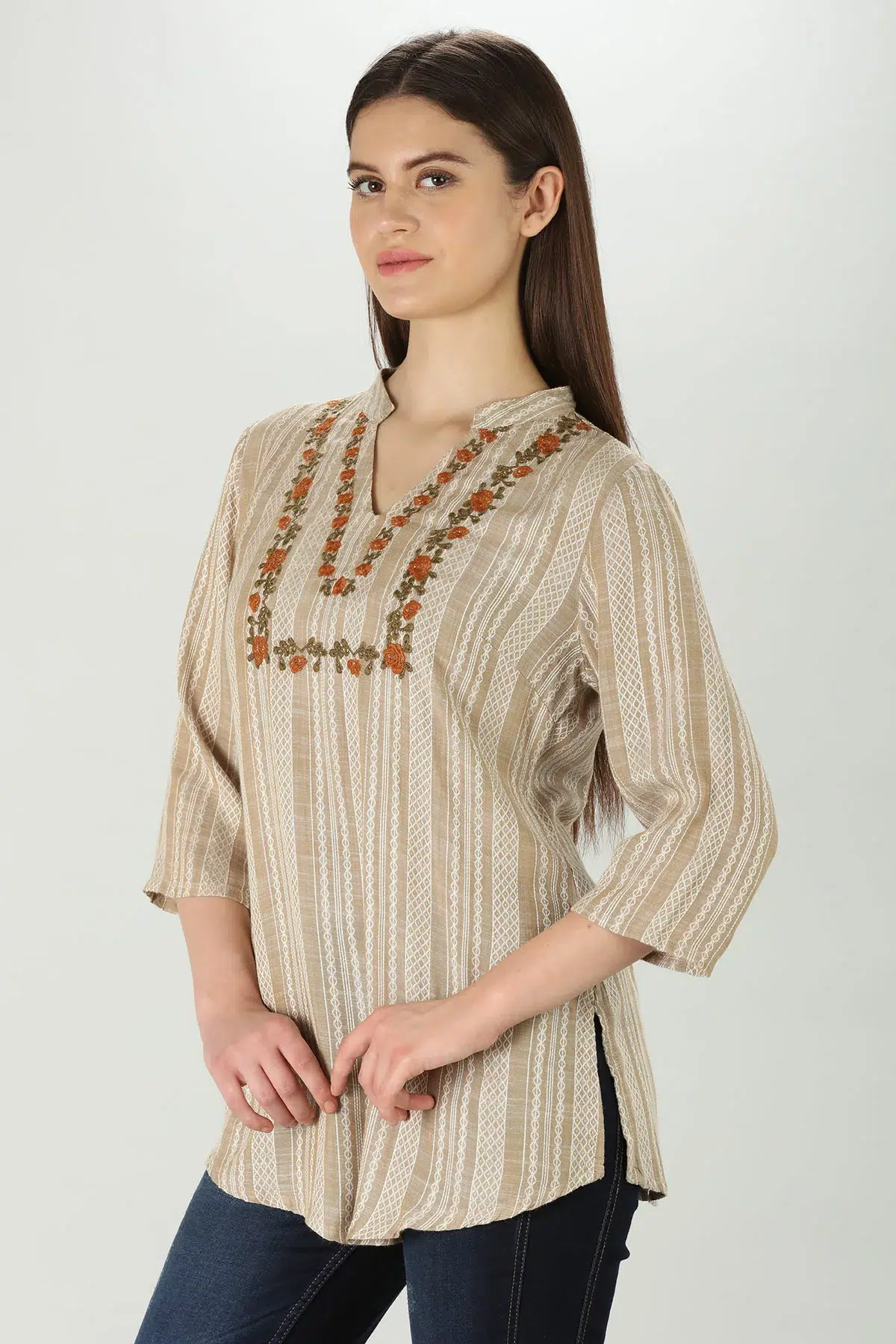 Embroidered Beige Tops Women