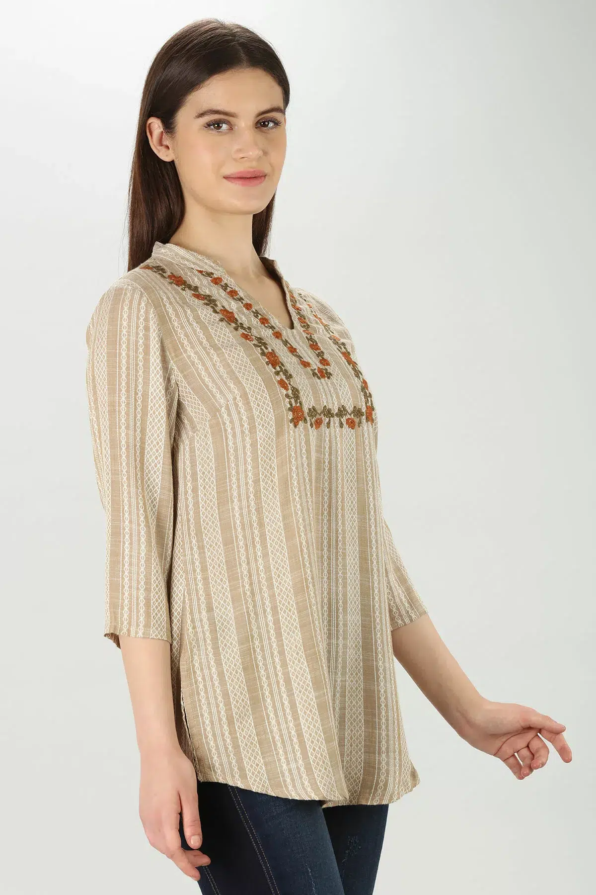 Embroidered Beige Tops Women