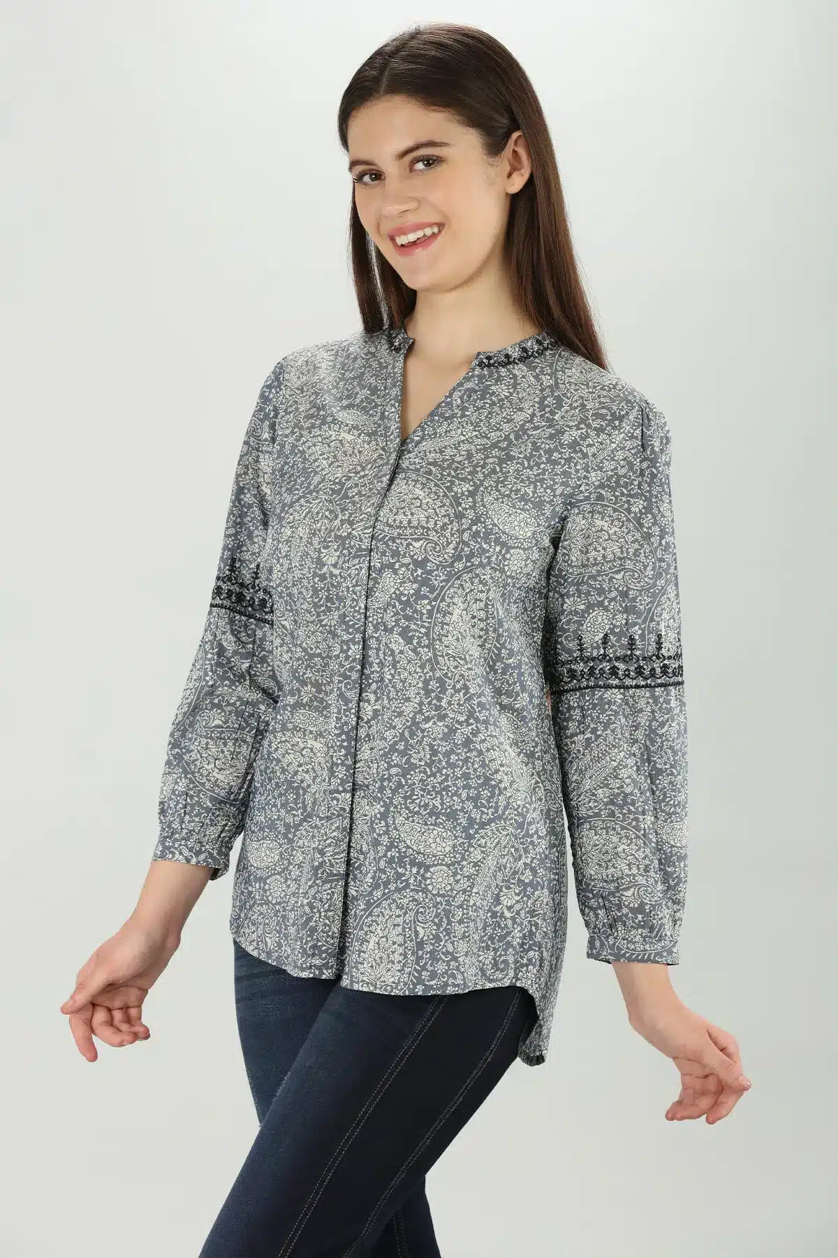 Floral Printed Grey Shirt For Women