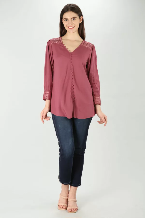 Solid Pink Top Full Sleeves For Women