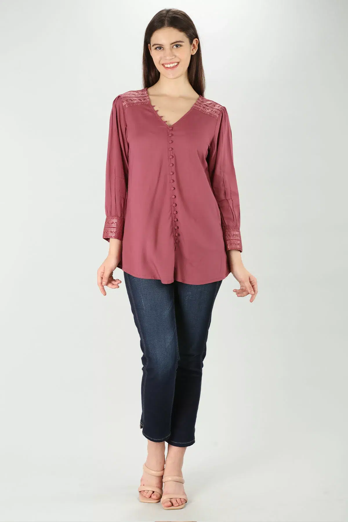 Solid Pink Top Full Sleeves For Women