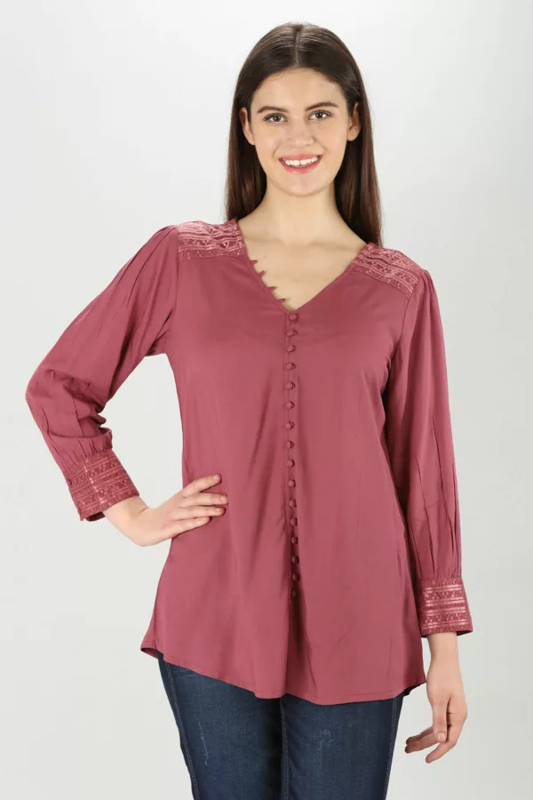 Solid Pink Top Full Sleeves For Women