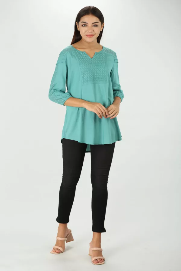 Lace Print Teal Blue Top Womens