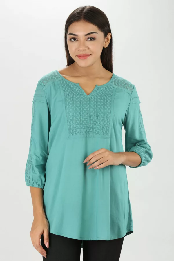 Lace Print Teal Blue Top Womens