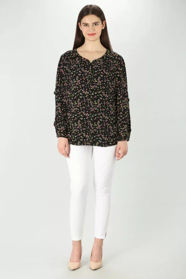 Floral Print Black Top Long Sleeve For Women