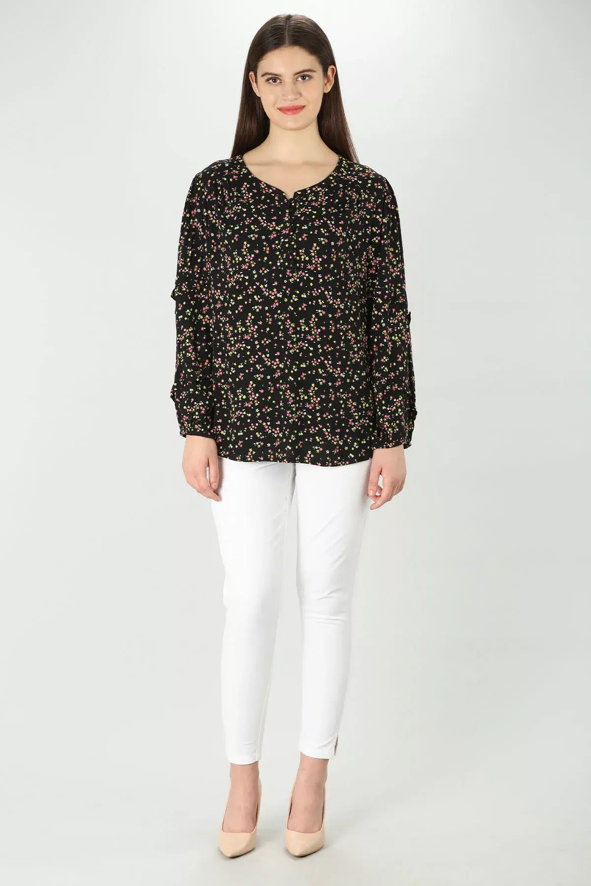 Floral Print Black Top Long Sleeve For Women