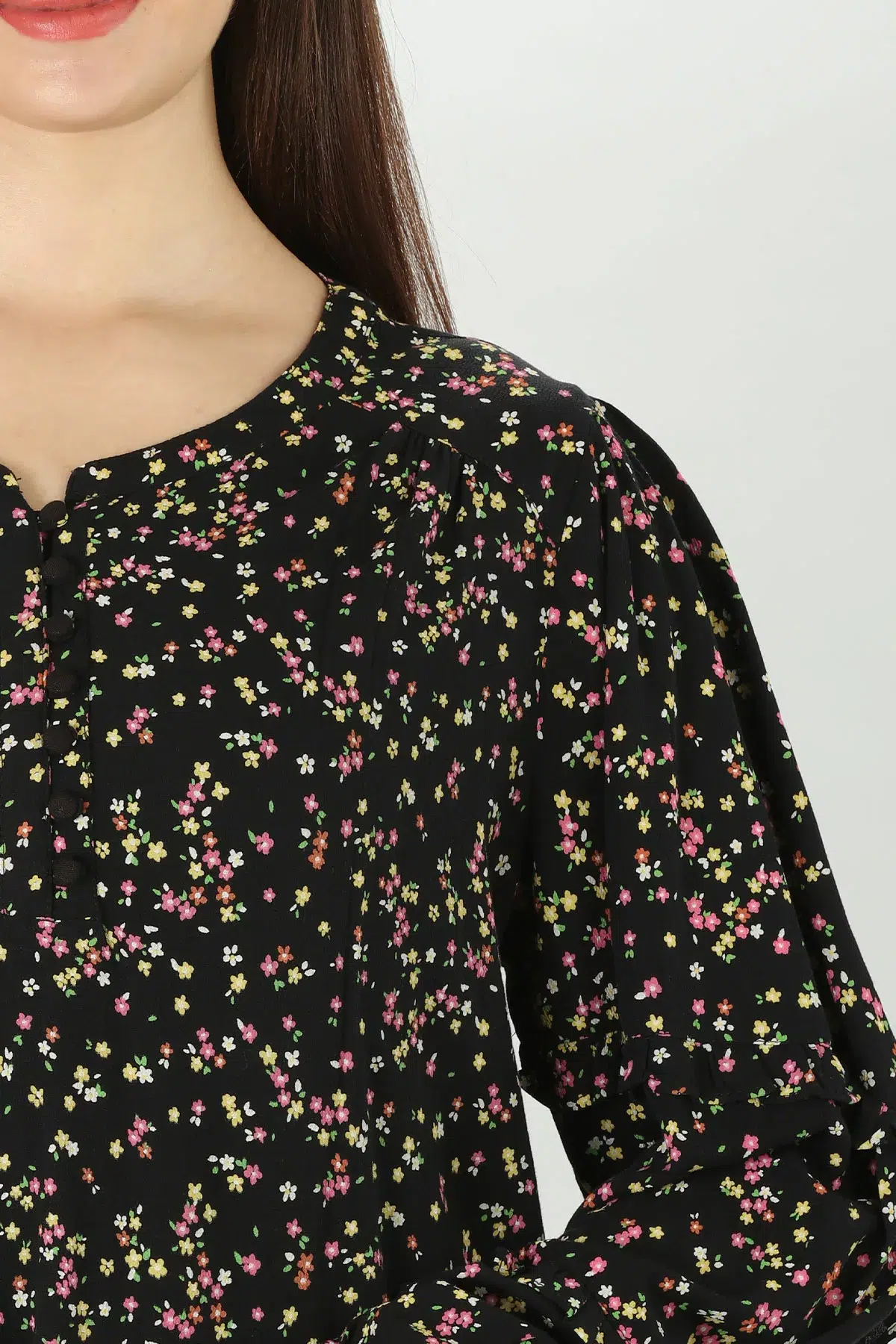 Floral Print Black Top Long Sleeve For Women