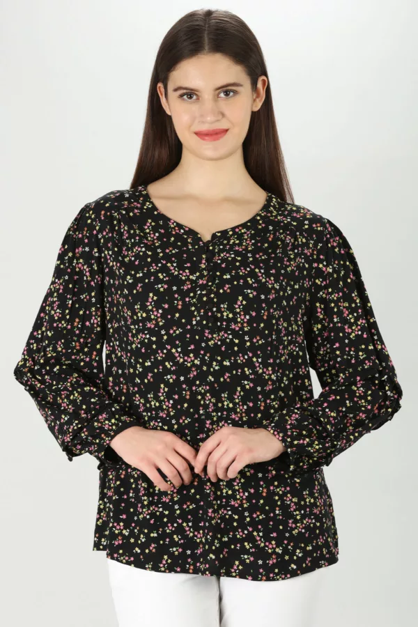 Floral Print Black Top Long Sleeve For Women