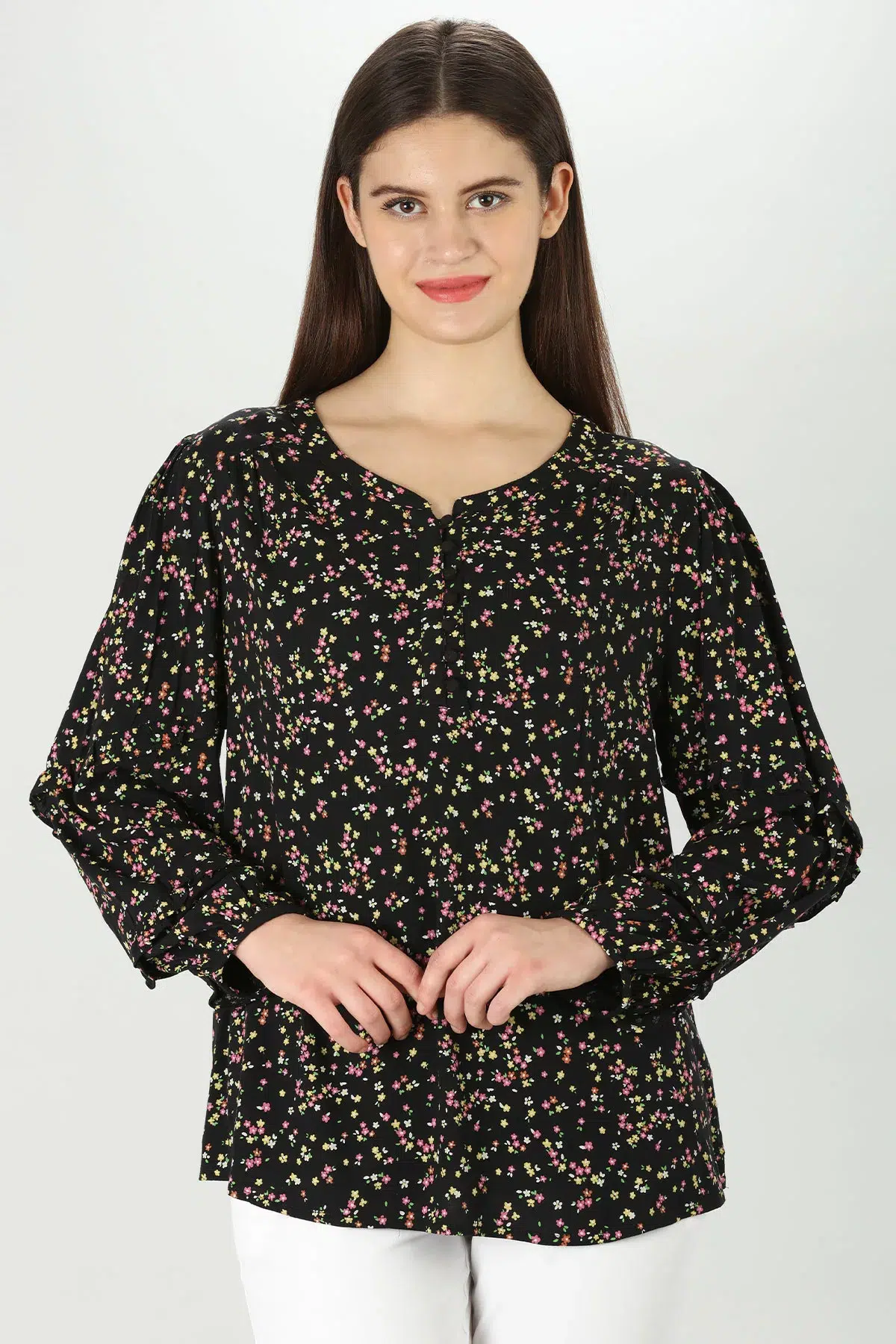 Floral Print Black Top Long Sleeve For Women
