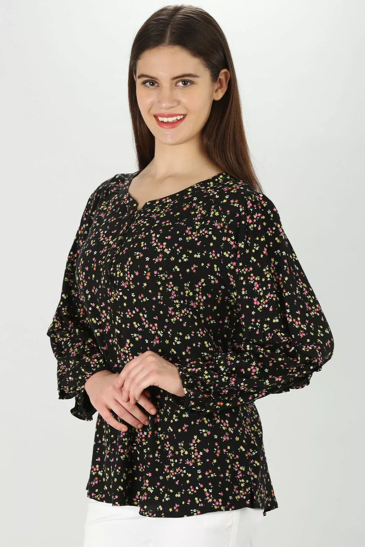 Floral Print Black Top Long Sleeve For Women