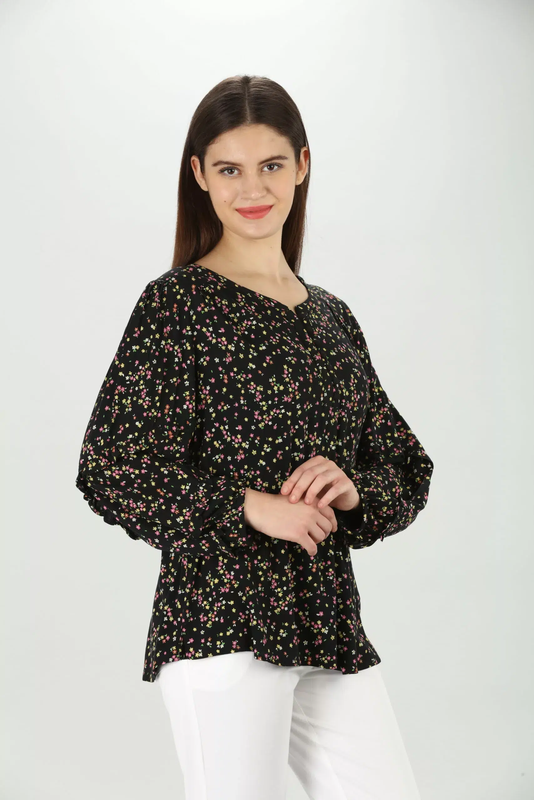 Floral Print Black Top Long Sleeve For Women