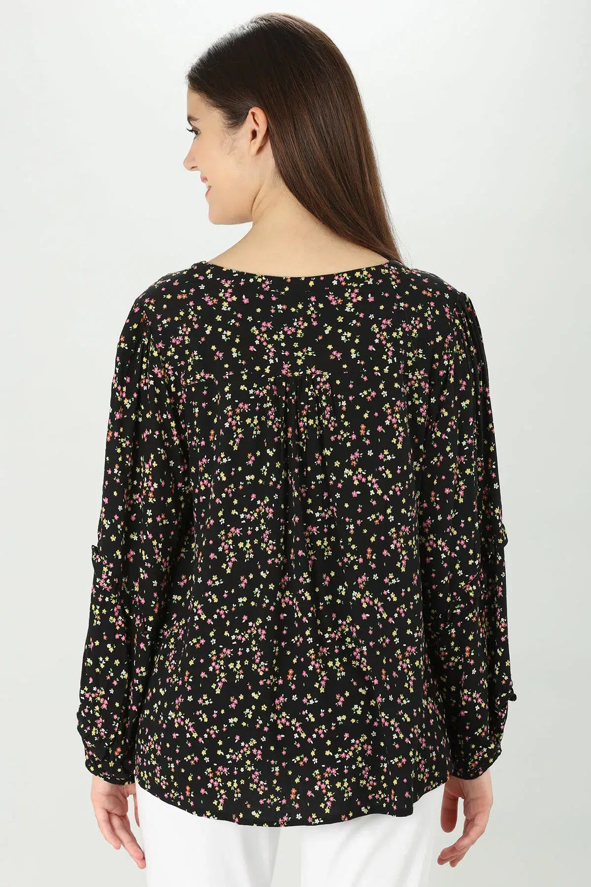 Floral Print Black Top Long Sleeve For Women