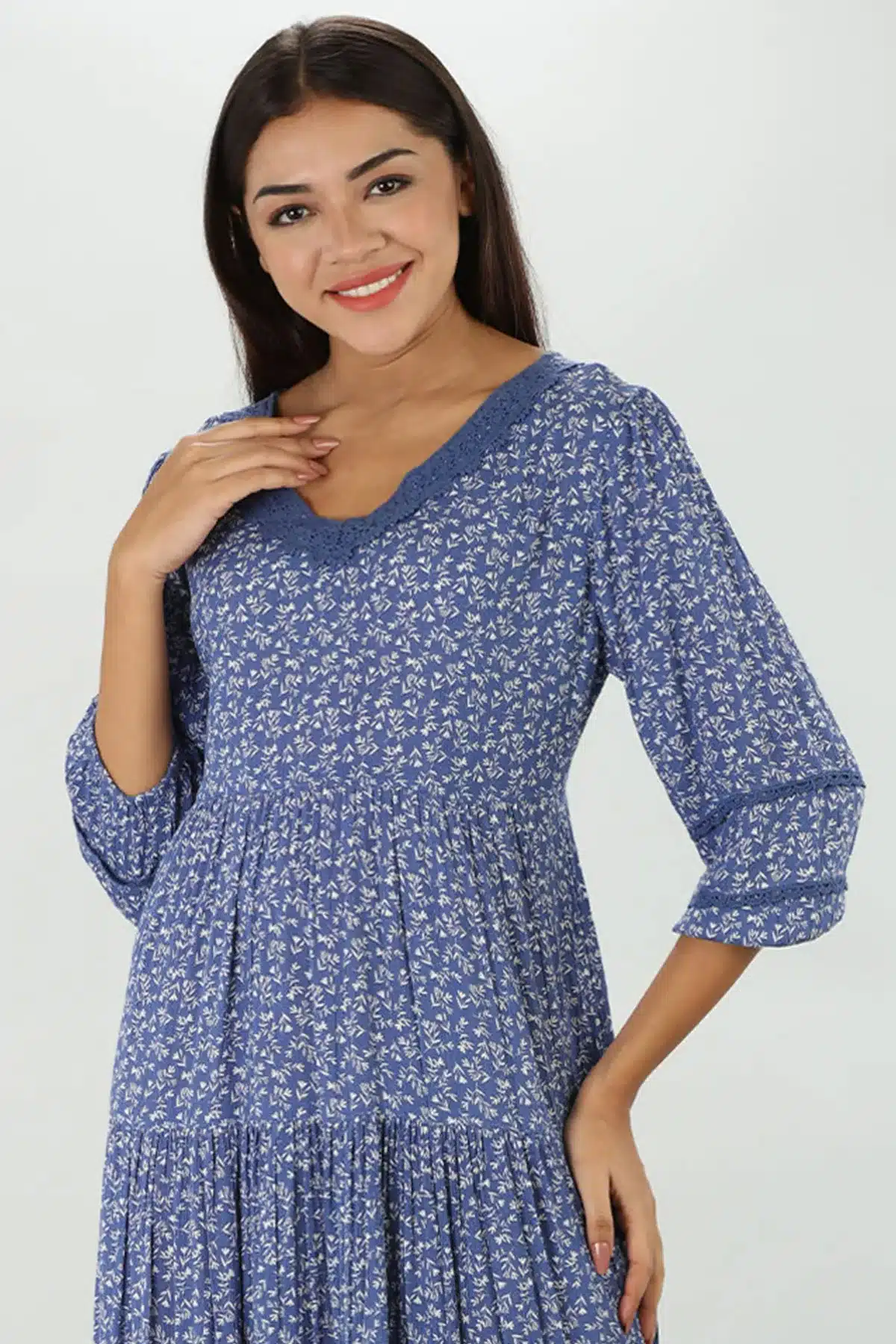 Blue Floral Print Dress Maxi For Women