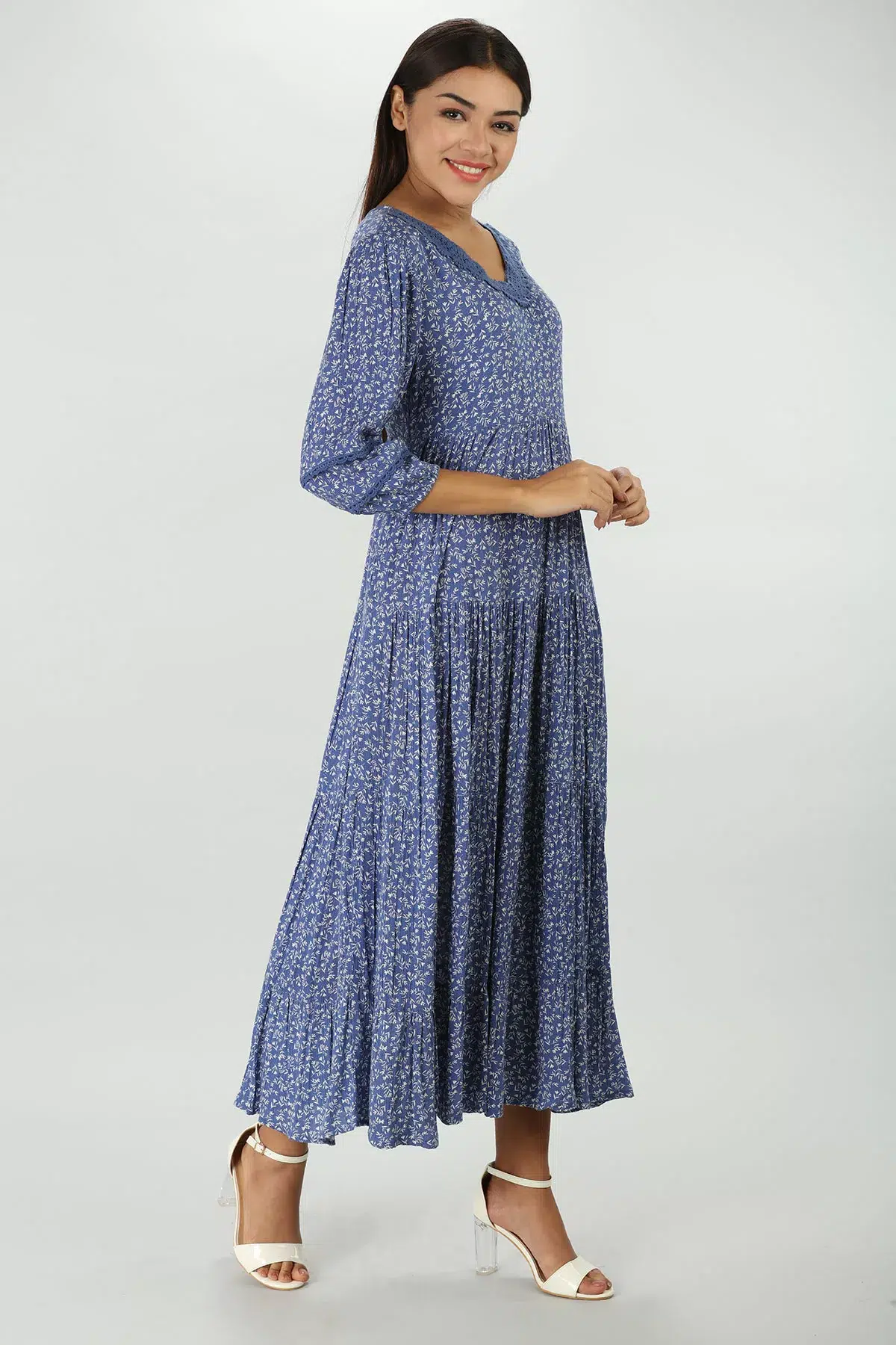 Blue Floral Print Dress Maxi For Women