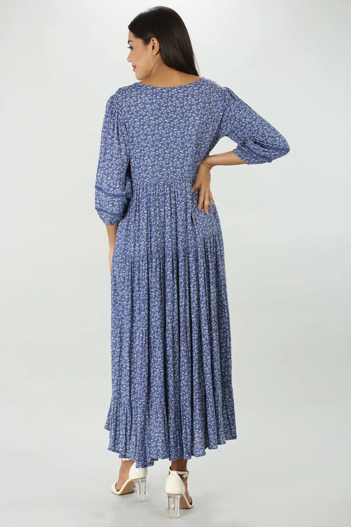 Blue Floral Print Dress Maxi For Women