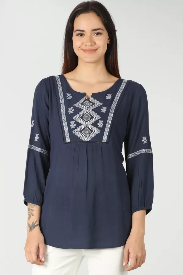 Embroidered Navy Blue Top Women