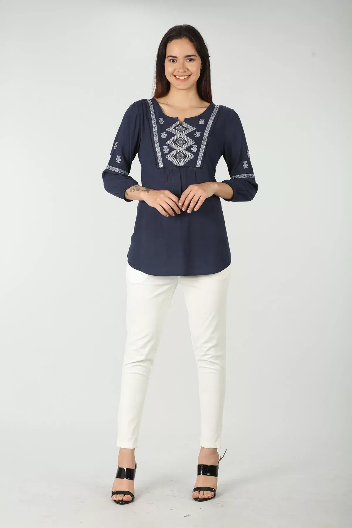 Embroidered Navy Blue Top Women
