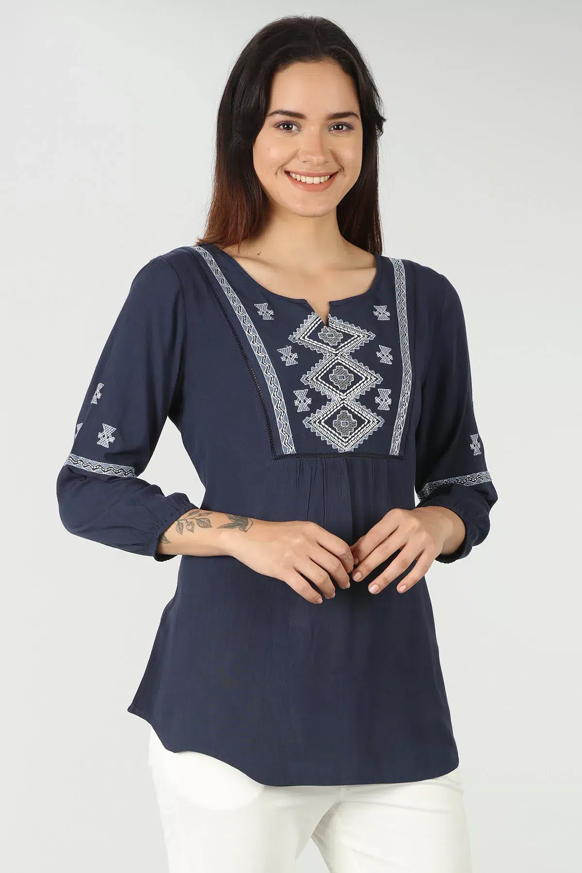 Embroidered Navy Blue Top Women