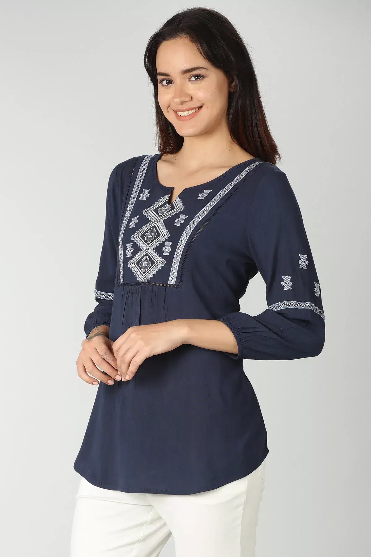 Embroidered Navy Blue Top Women