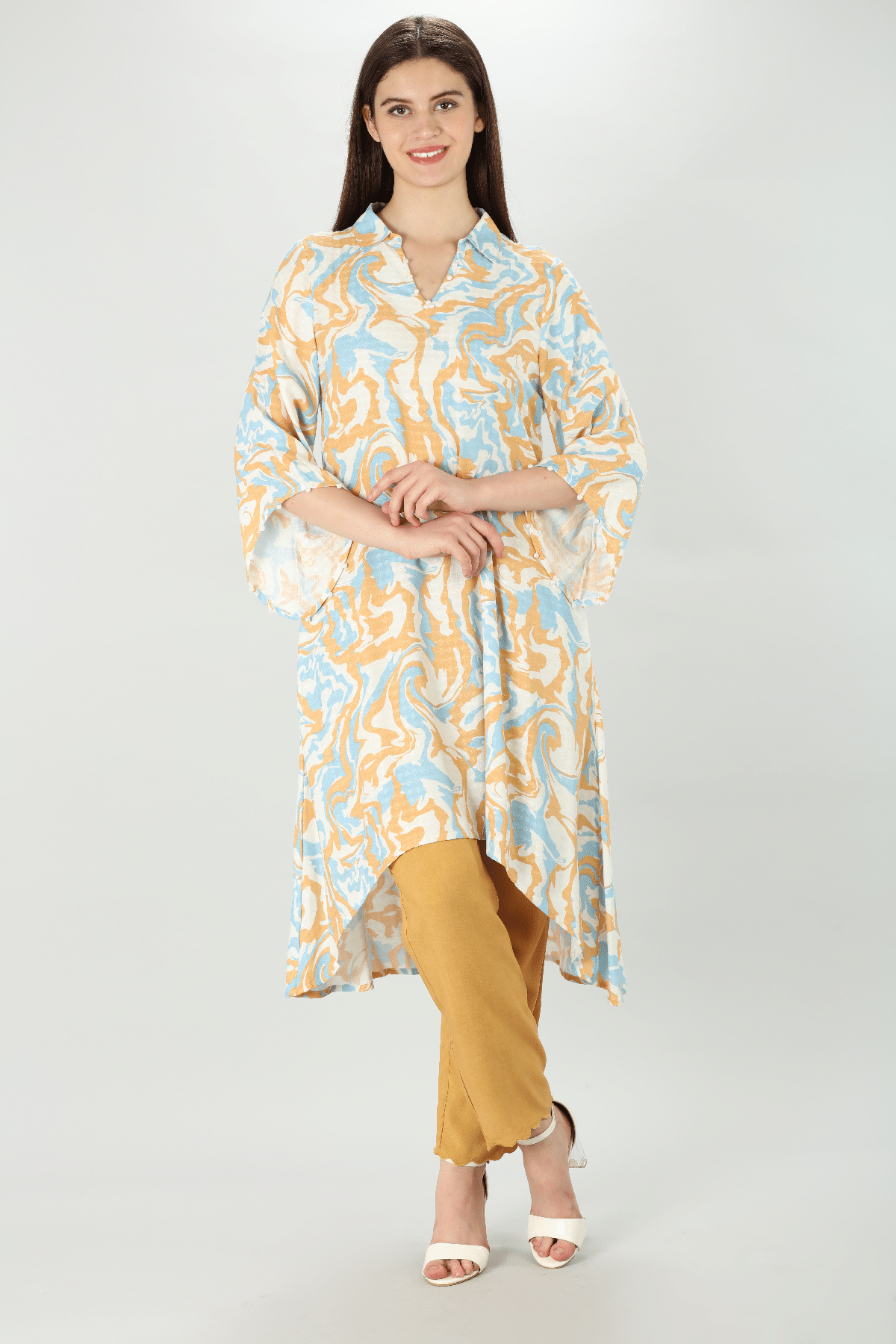 Marble Printed Peach Colour Kurta For Ladies