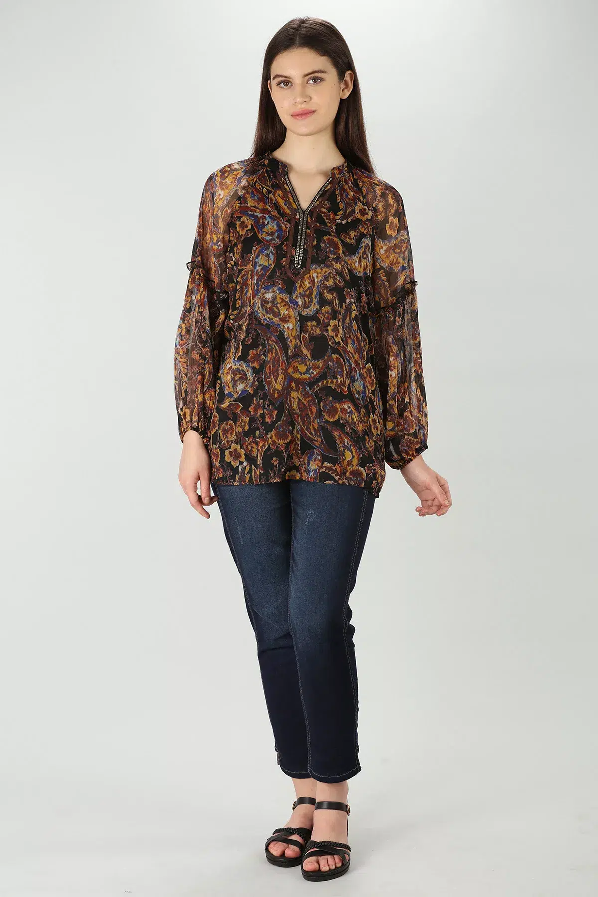 Printed Brown Full Sleeve Tops For Women