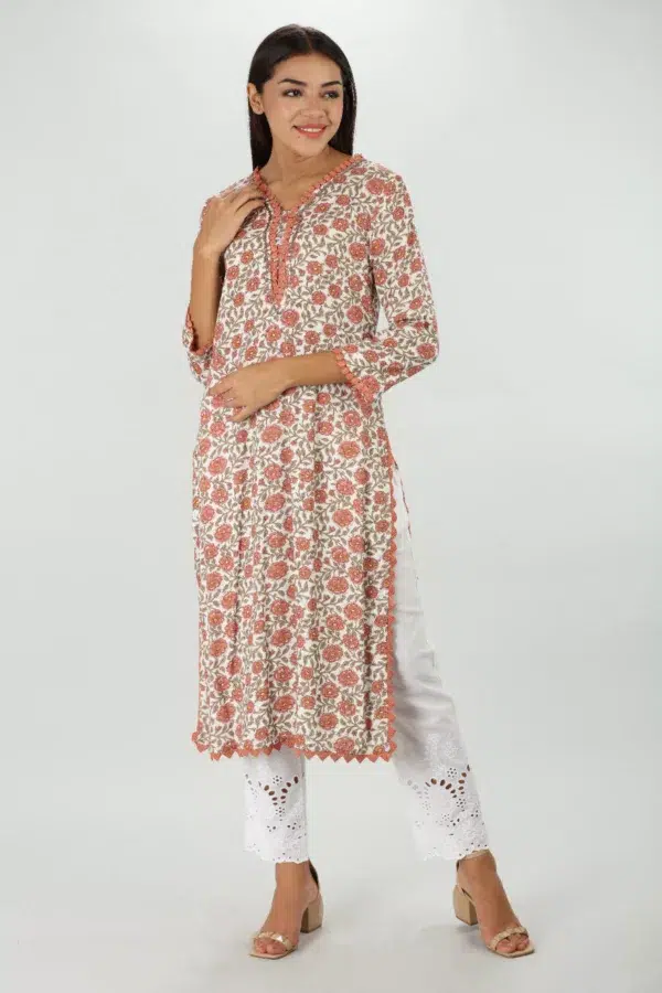 Floral Printed Orange Kurta For Women
