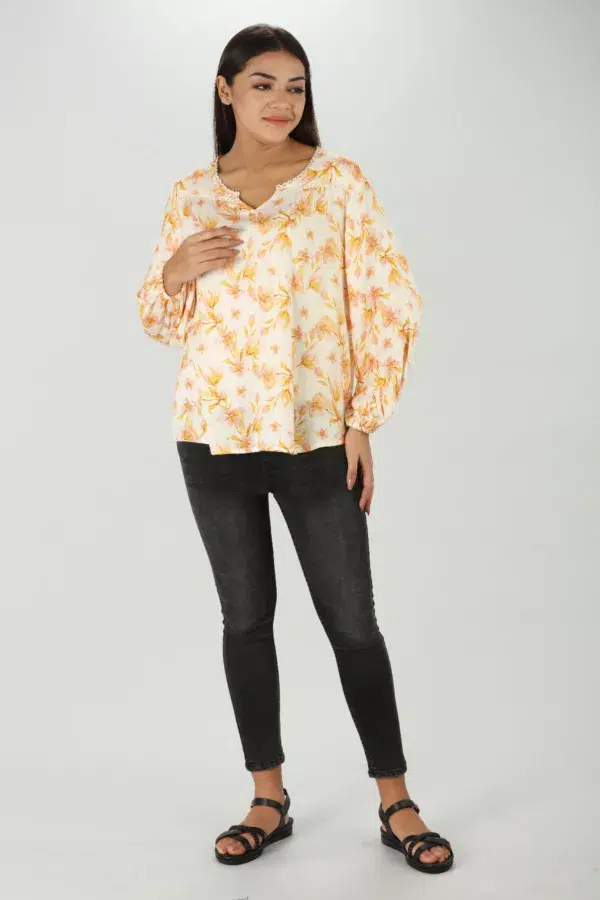 Floral Printed Yellow Long Sleeve Top For Women