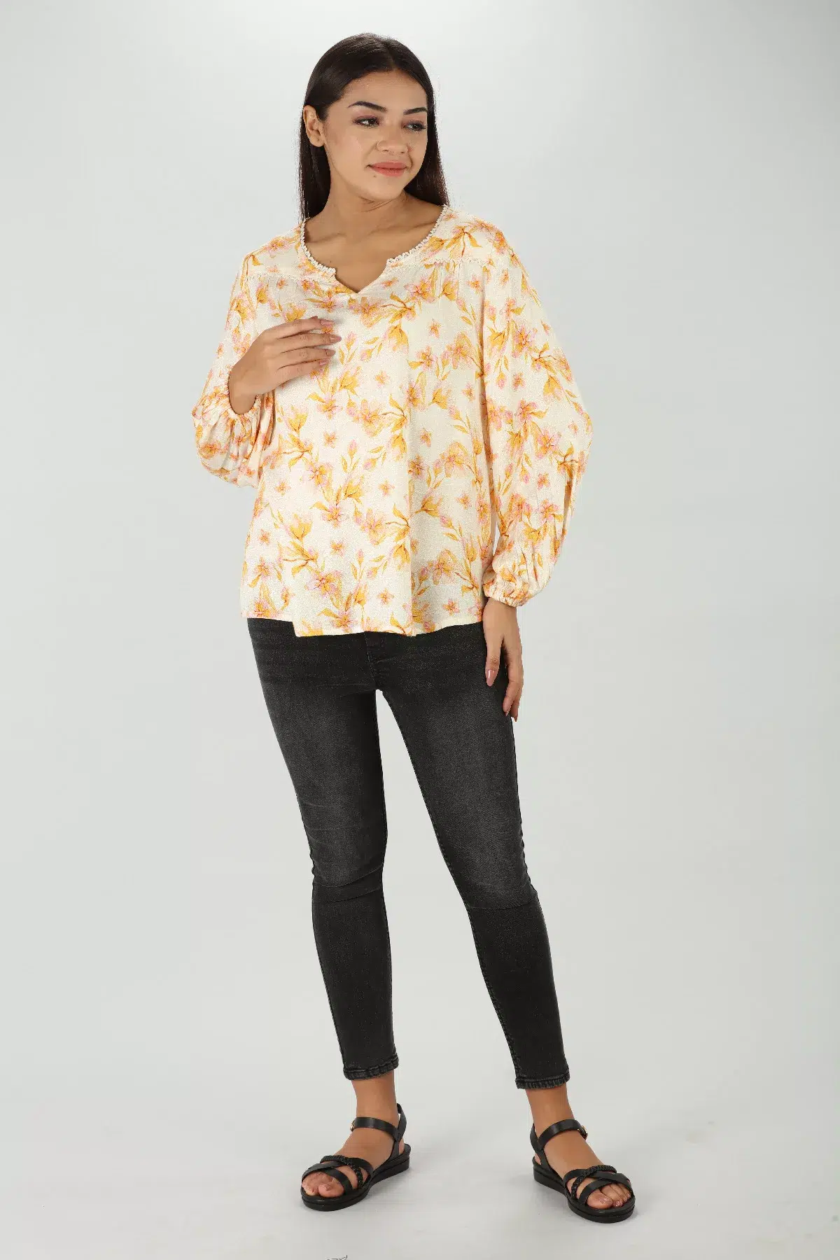 Floral Printed Yellow Long Sleeve Top For Women