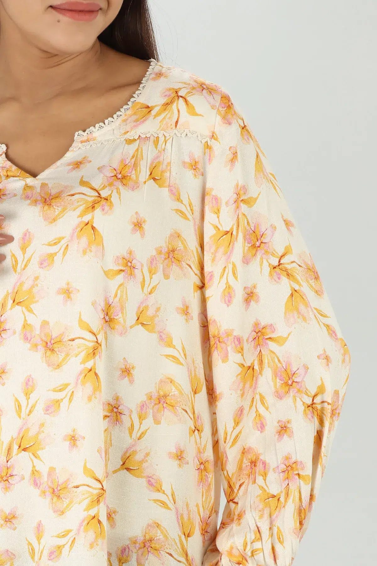 Floral Printed Yellow Long Sleeve Top For Women