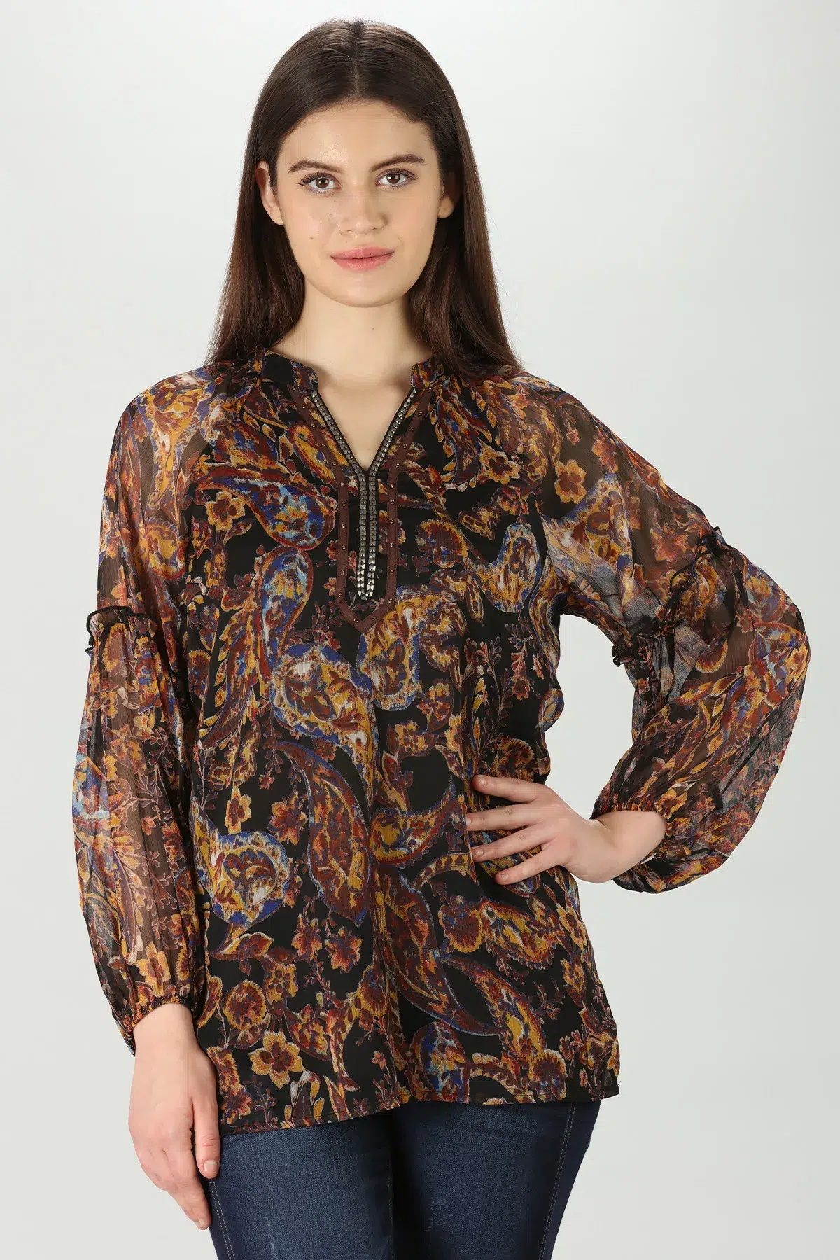 Printed Brown Full Sleeve Tops For Women