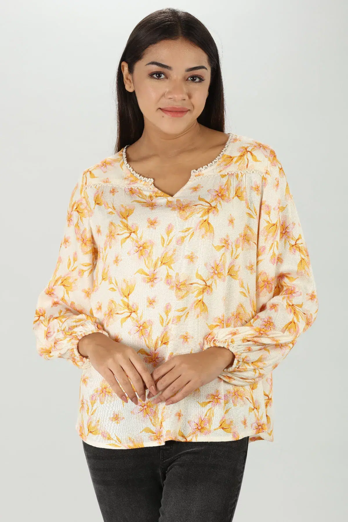 Floral Printed Yellow Long Sleeve Top For Women