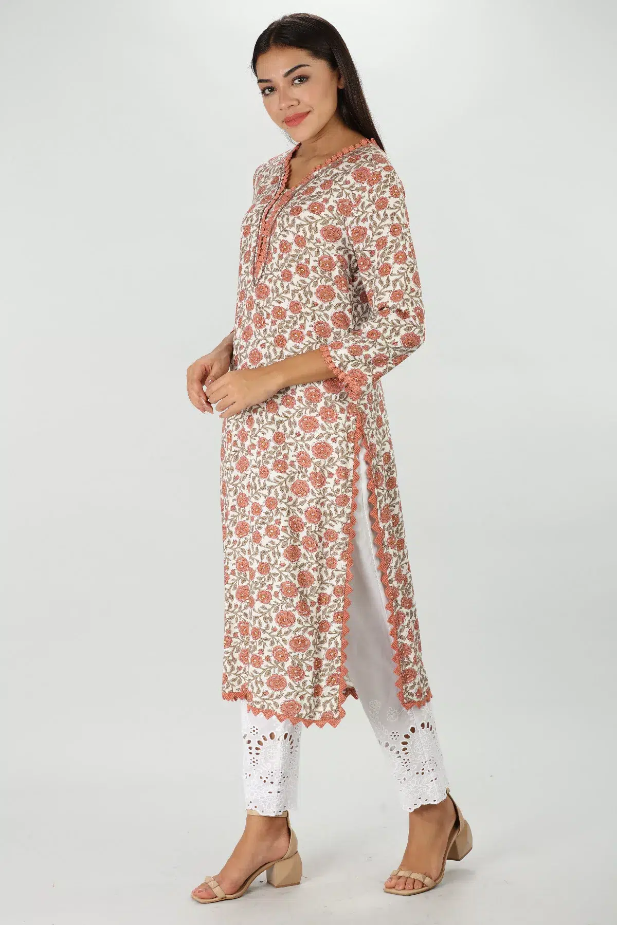 Floral Printed Orange Kurta For Women