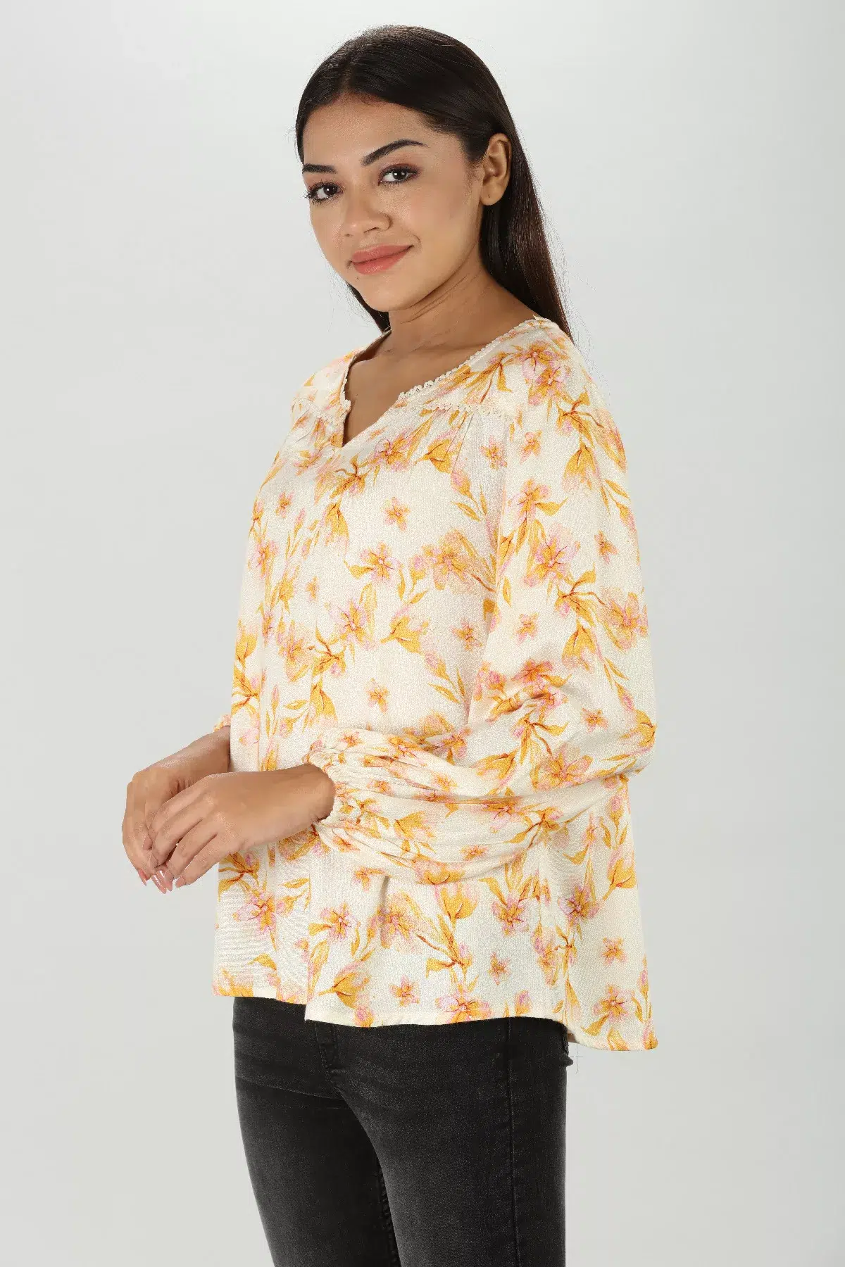 Floral Printed Yellow Long Sleeve Top For Women