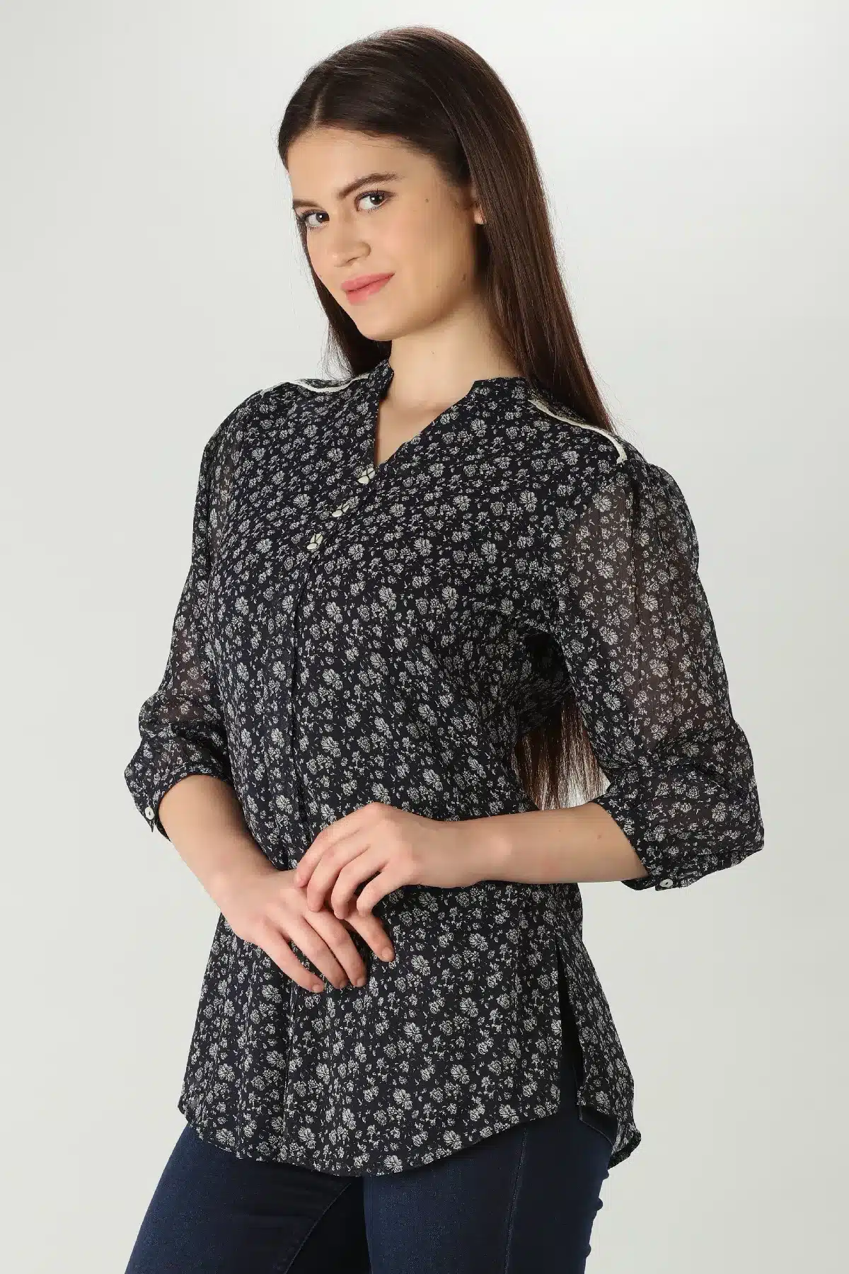 Charcoal Grey Printed Tops For Women