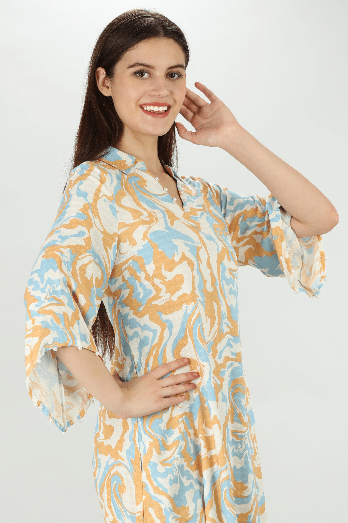 Marble Printed Peach Colour Kurta For Ladies
