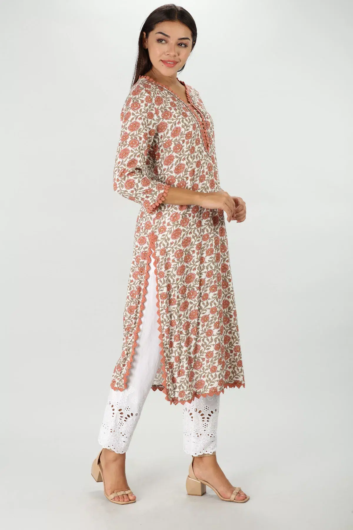 Floral Printed Orange Kurta For Women