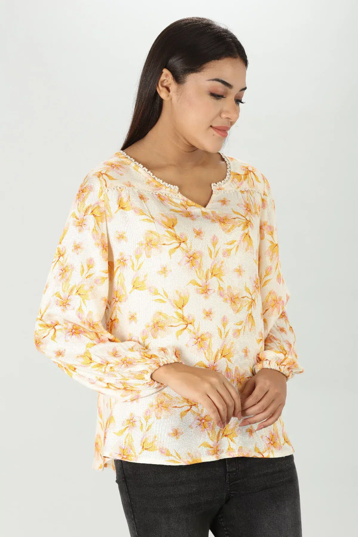 Floral Printed Yellow Long Sleeve Top For Women