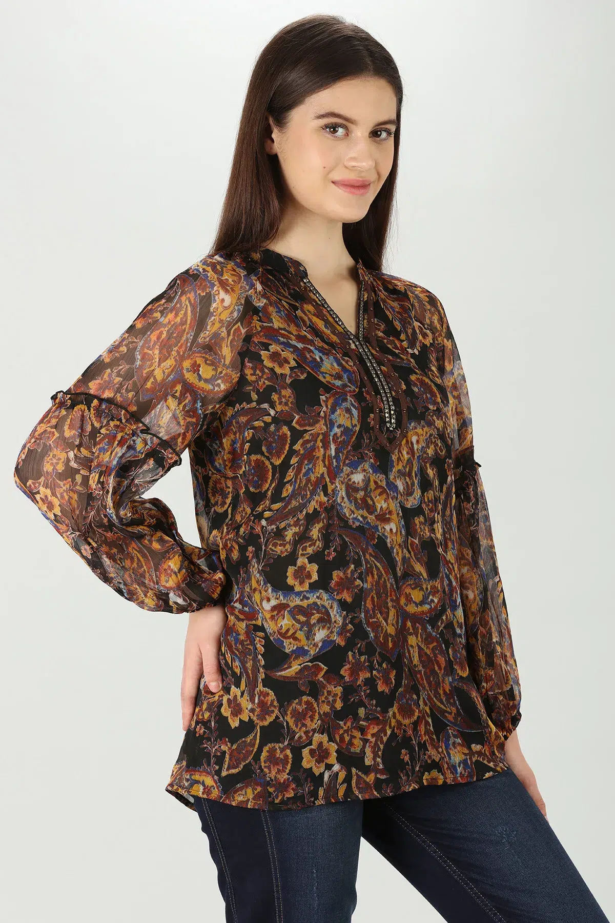Printed Brown Full Sleeve Tops For Women