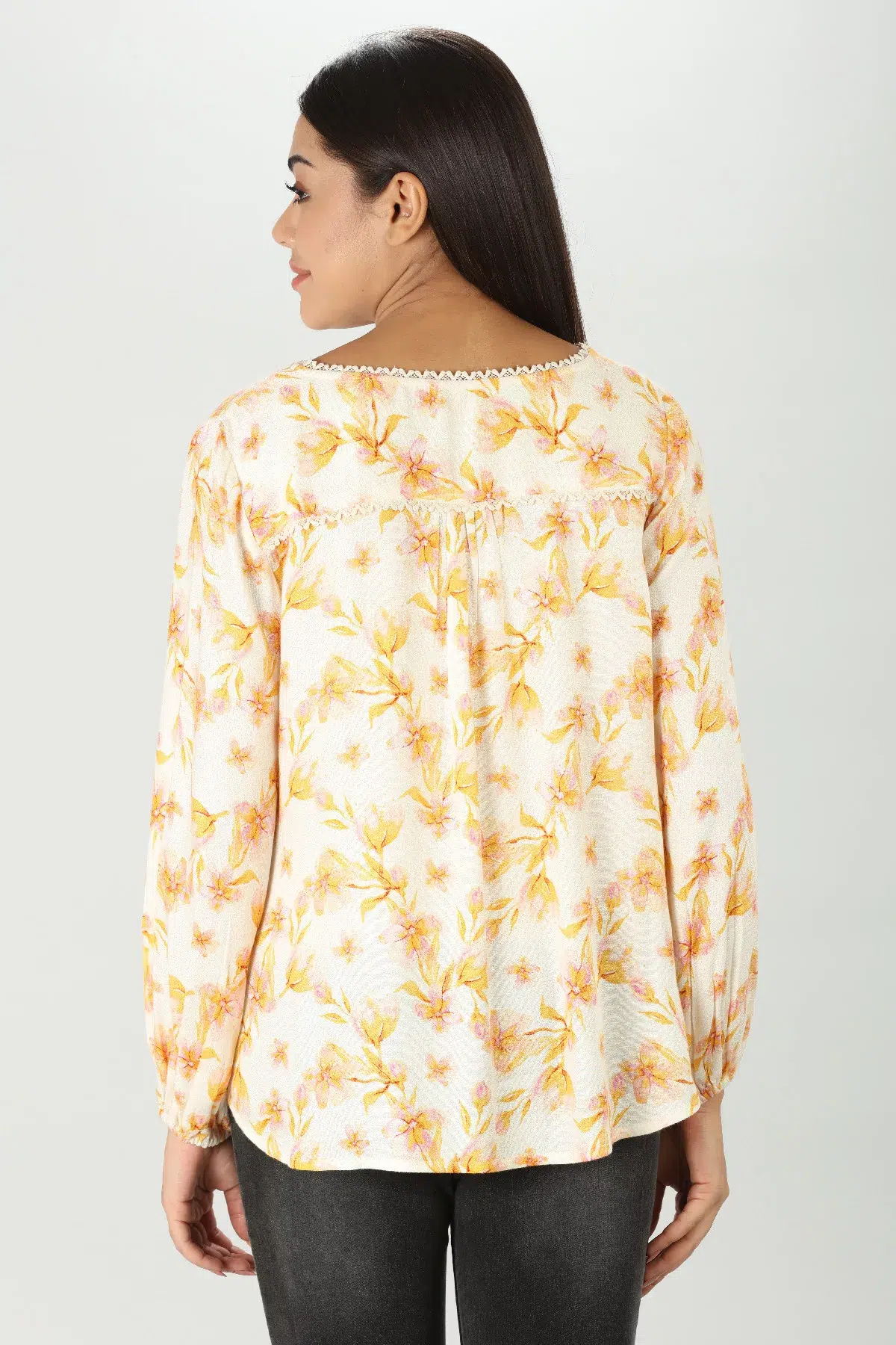 Floral Printed Yellow Long Sleeve Top For Women