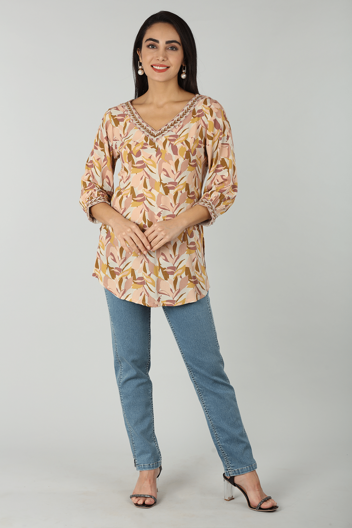 Peach Floral Party Wear Tops For Women