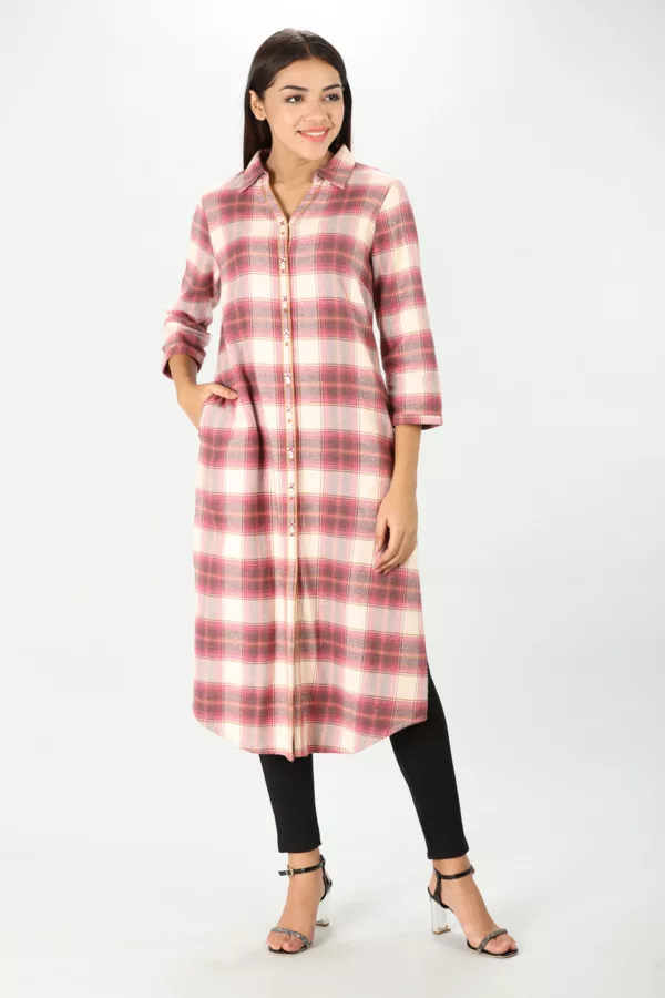 Winter Cream Checks Kurta For Women
