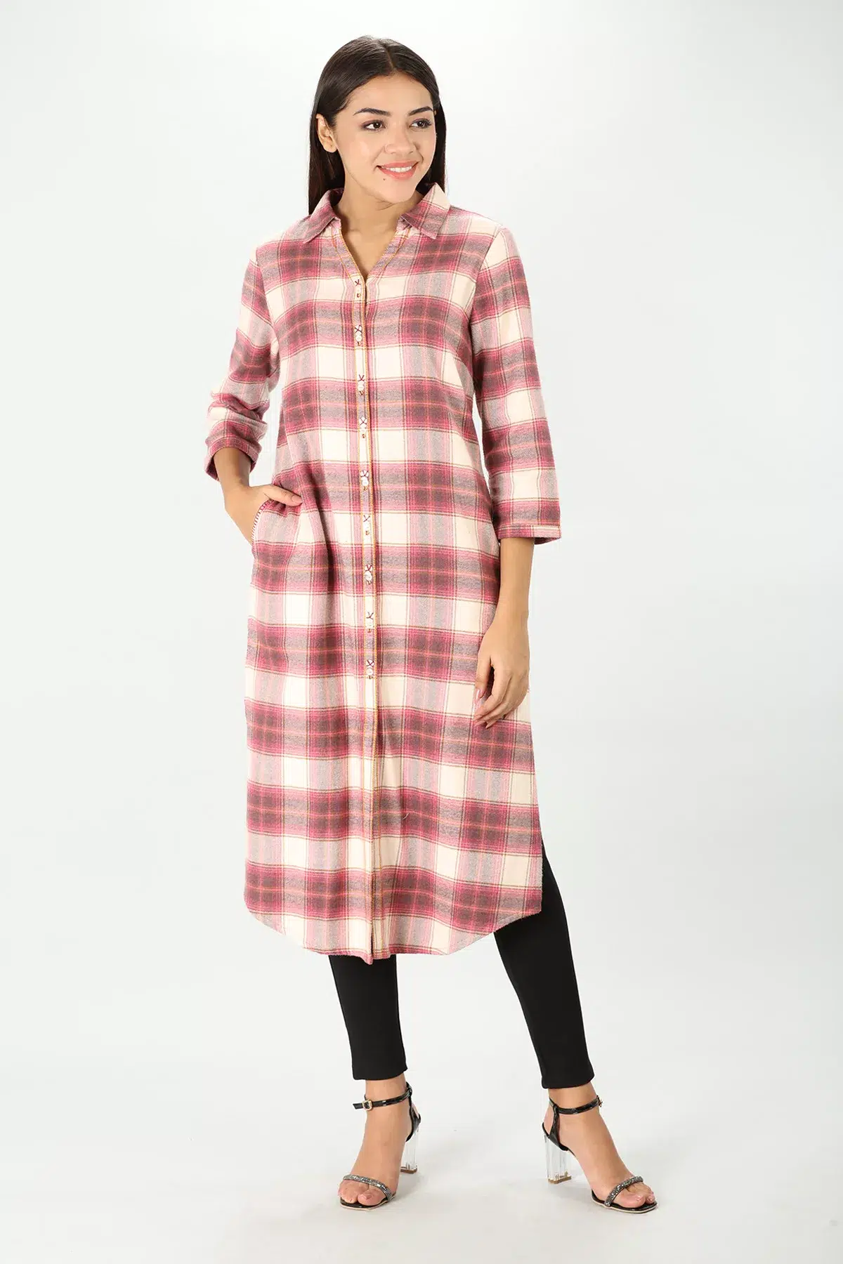 Winter Cream Checks Kurta For Women
