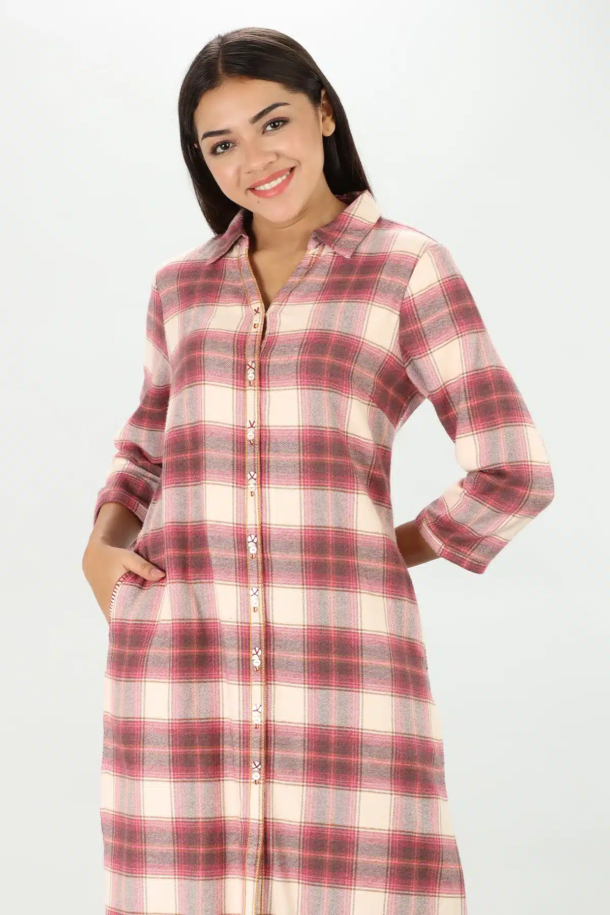 Winter Cream Checks Kurta For Women