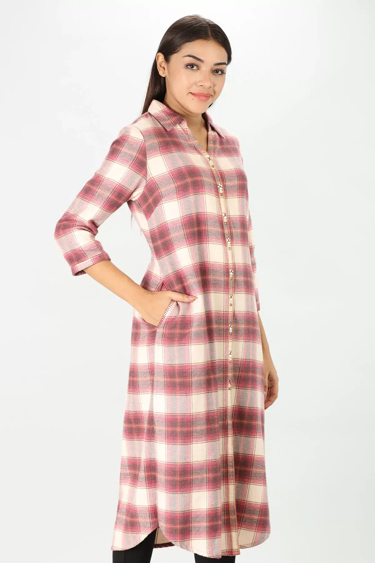 Winter Cream Checks Kurta For Women