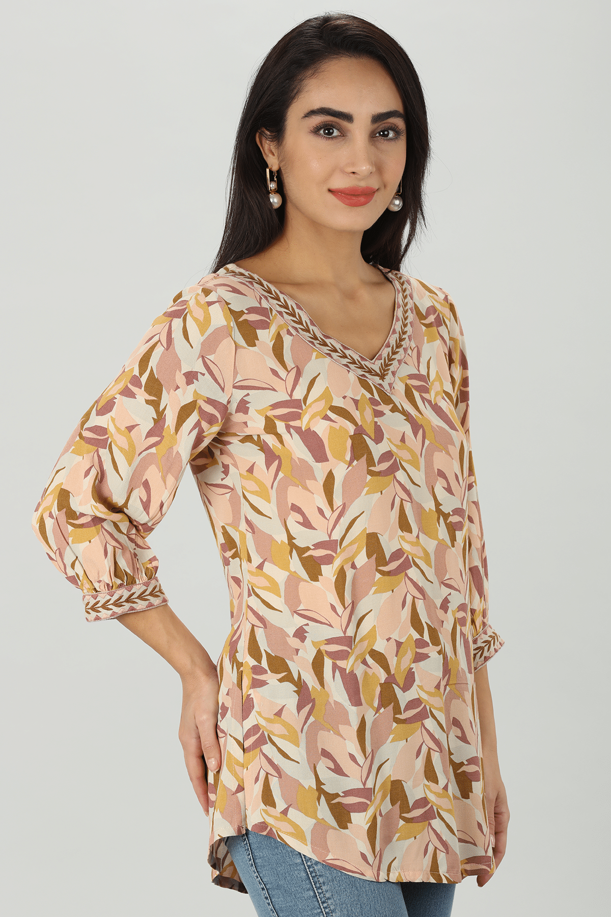 Peach Floral Party Wear Tops For Women